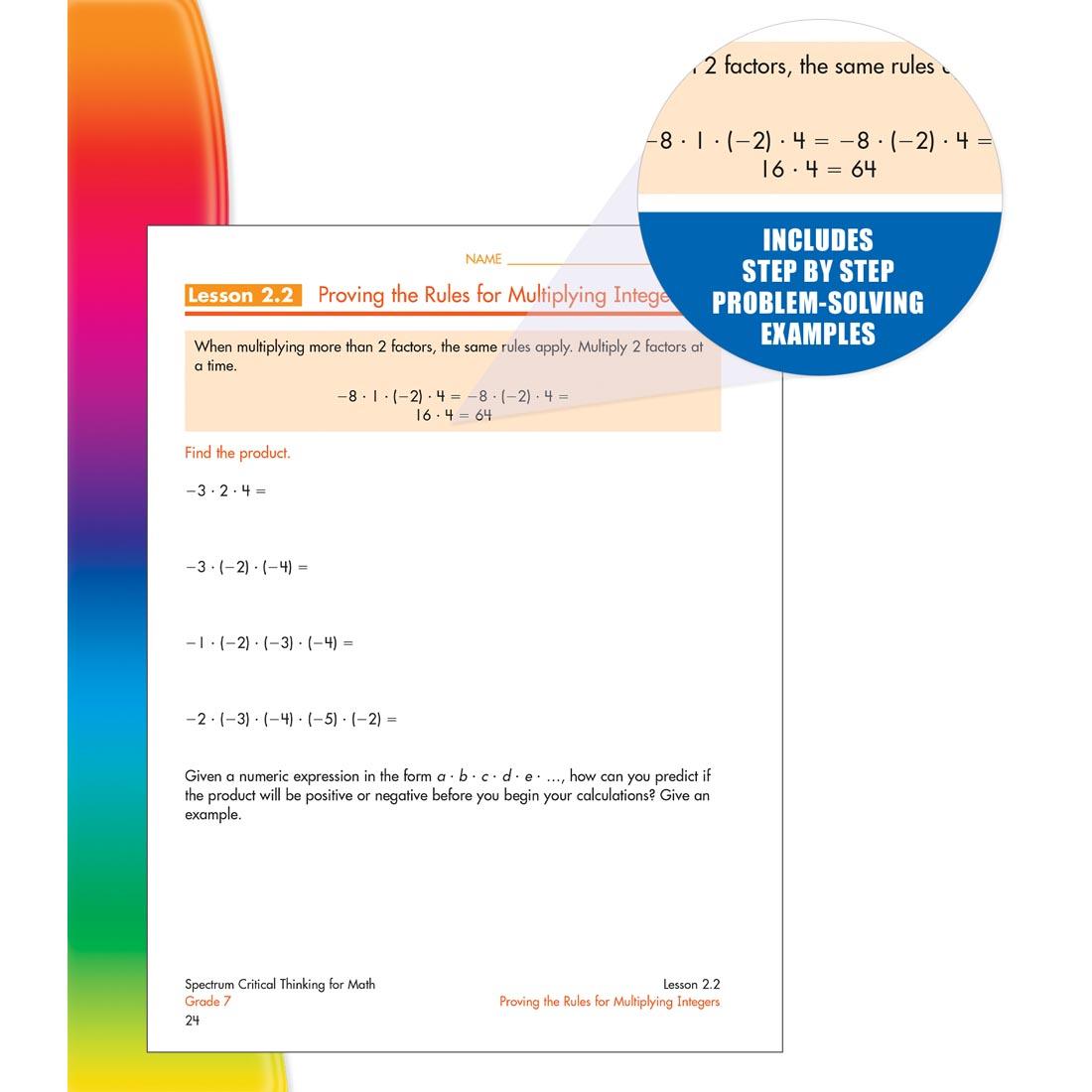 page from inside Spectrum Critical Thinking For Math Book Grade 7 with inlay of text: Includes step by step problem-solving examples