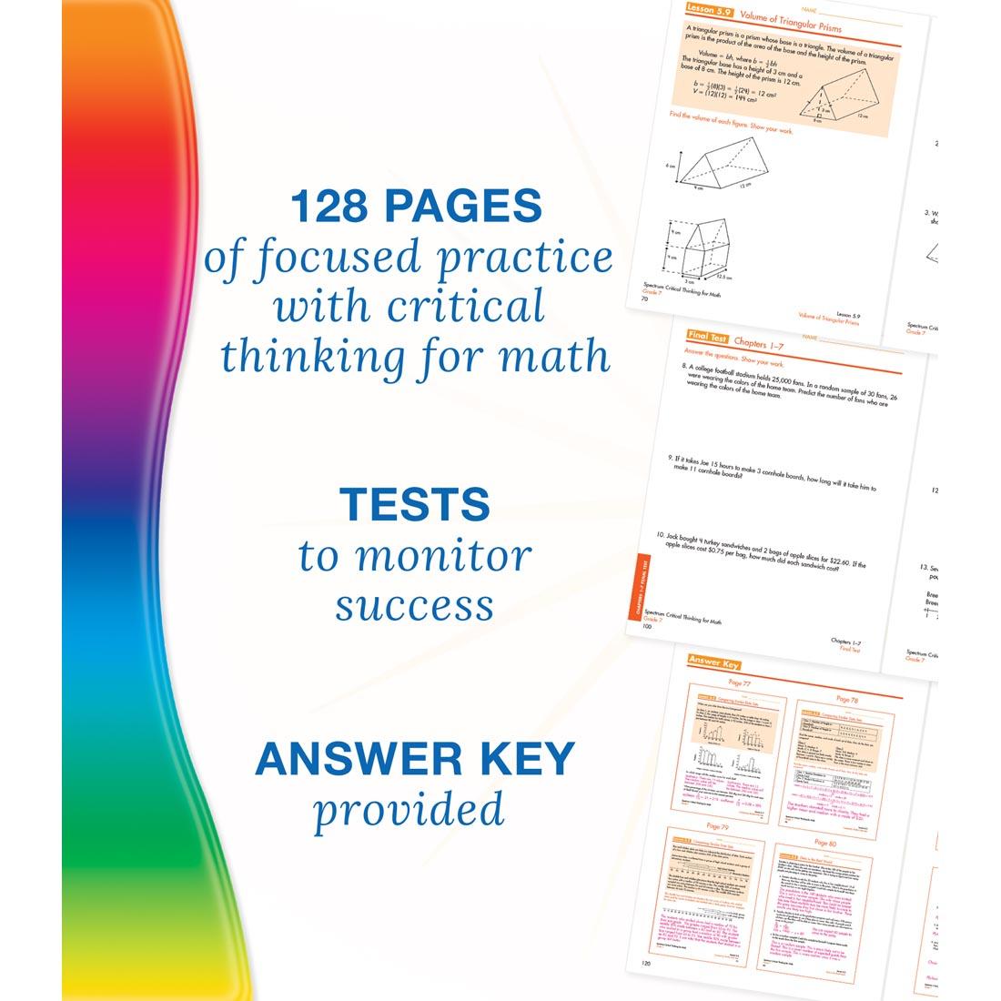 example pages from Spectrum Critical Thinking For Math Book Grade 7 along with text about benefits and features of the book