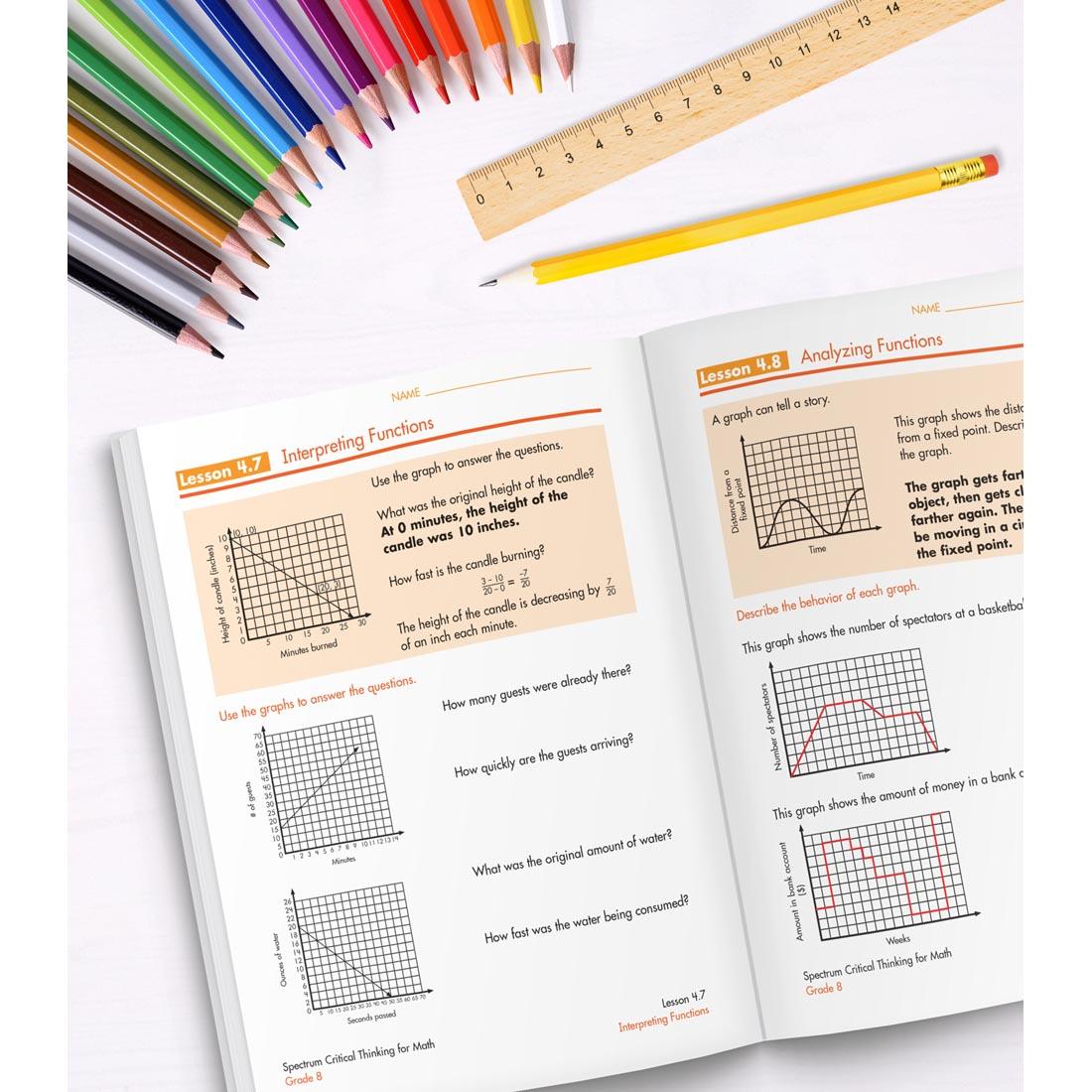 open book of Spectrum Critical Thinking For Math Grade 8 along with colored pencils, a ruler and a pencil
