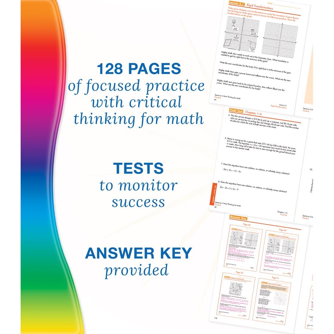 example pages from Spectrum Critical Thinking For Math Book Grade 8 along with text about benefits and features of the book
