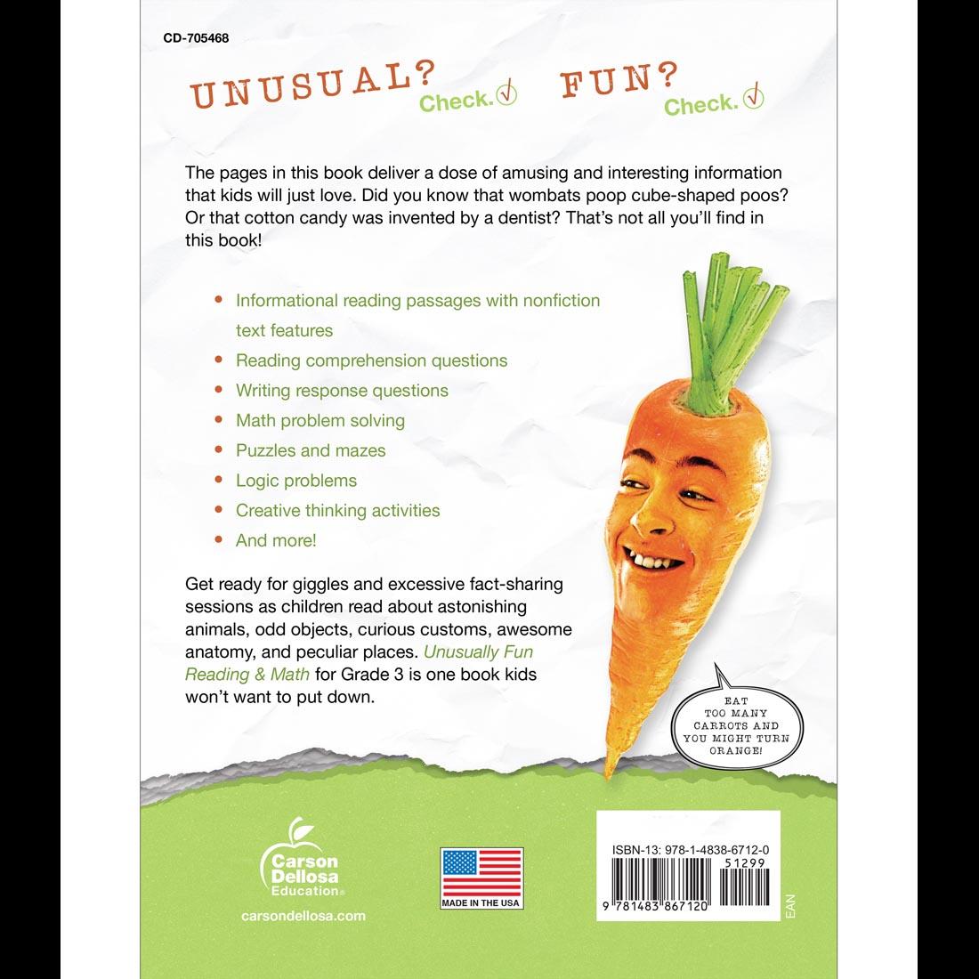 Back cover of Unusually Fun Reading & Math Workbook Grade 3