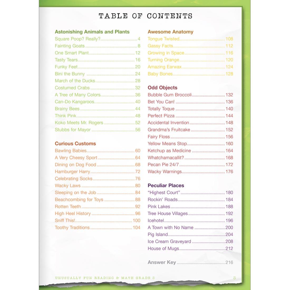 Table of Contents for Unusually Fun Reading & Math Workbook Grade 3