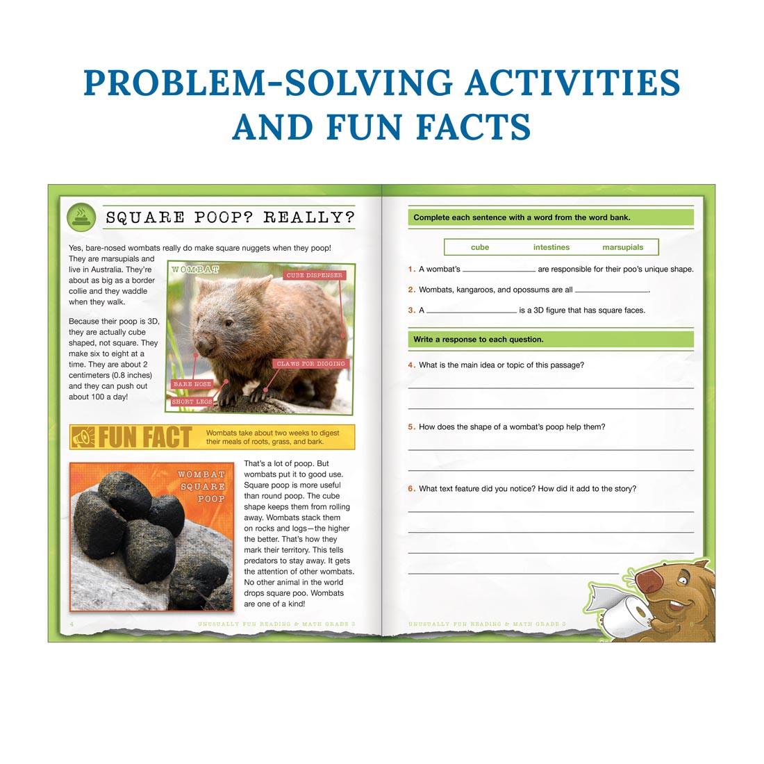 sample pages from Unusually Fun Reading & Math Workbook Grade 3 with the text Problem-Solving Activities and Fun Facts