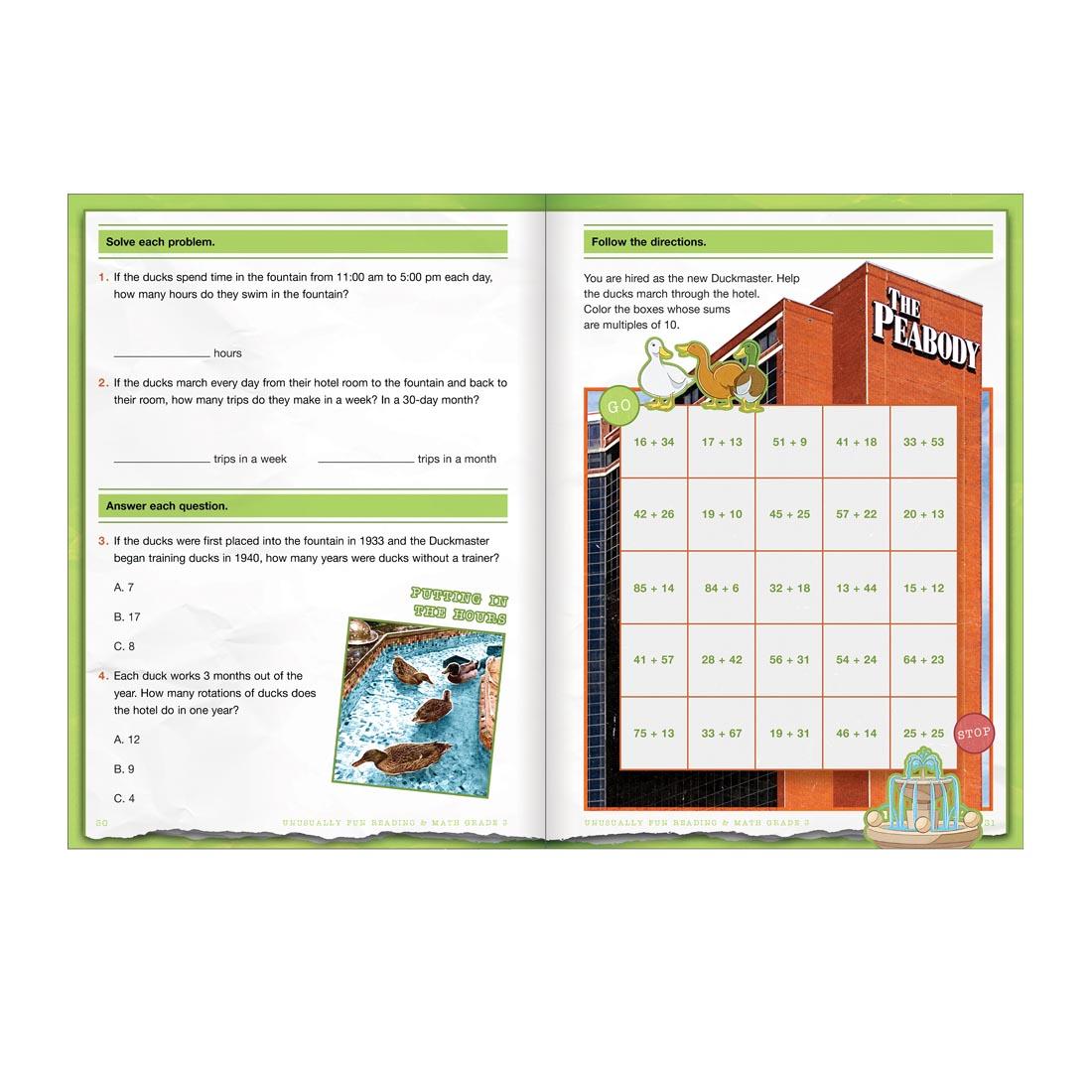 Two sample pages from Unusually Fun Reading & Math Workbook Grade 3