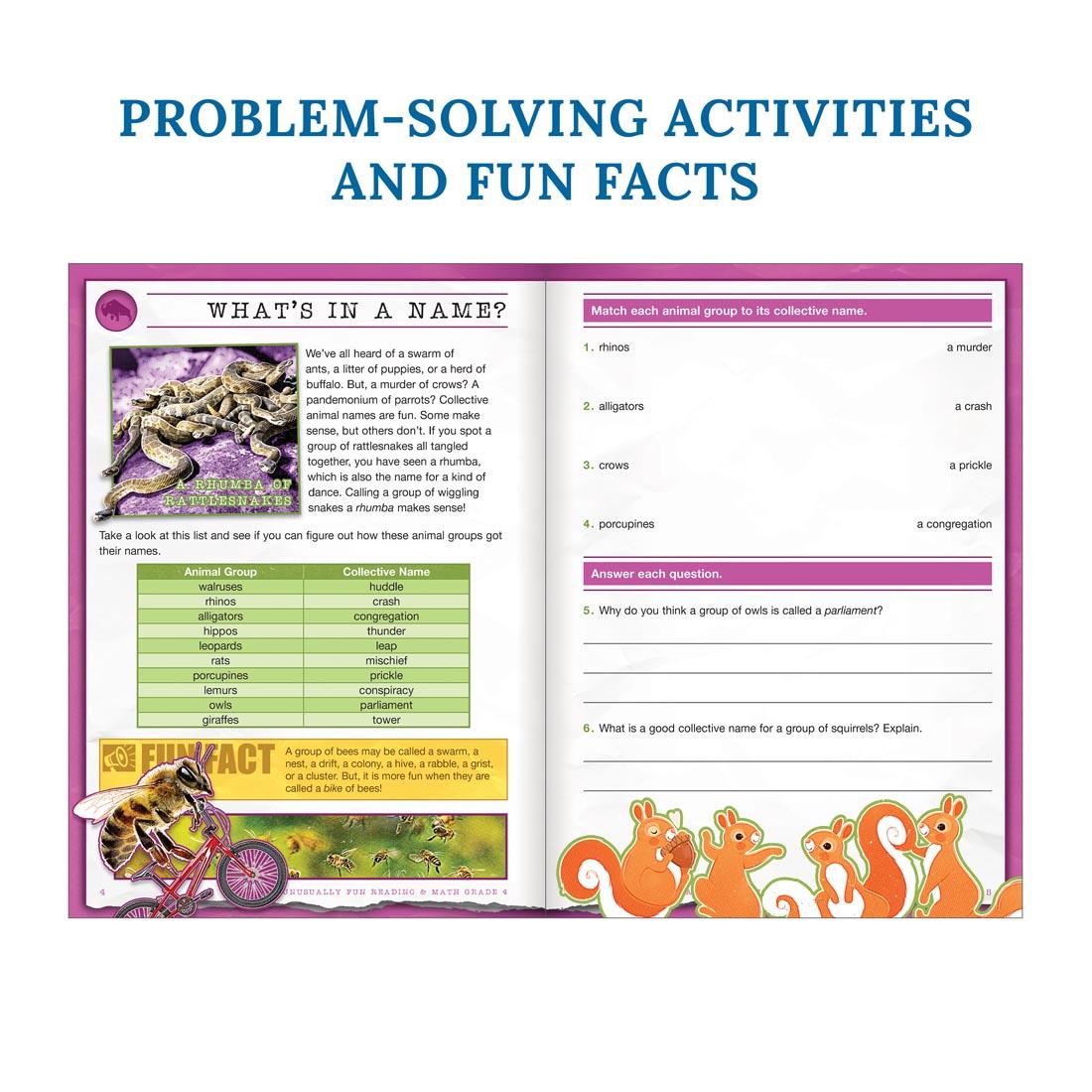 sample pages from Unusually Fun Reading & Math Workbook Grade 4 with the text Problem-Solving Activities and Fun Facts