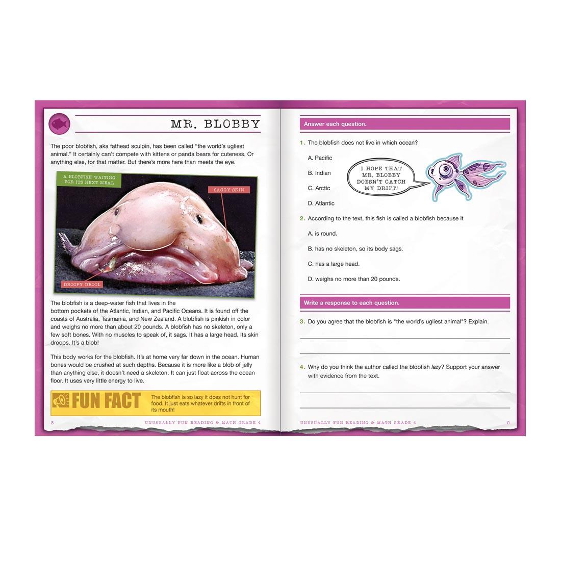 Two sample pages from Unusually Fun Reading & Math Workbook Grade 4