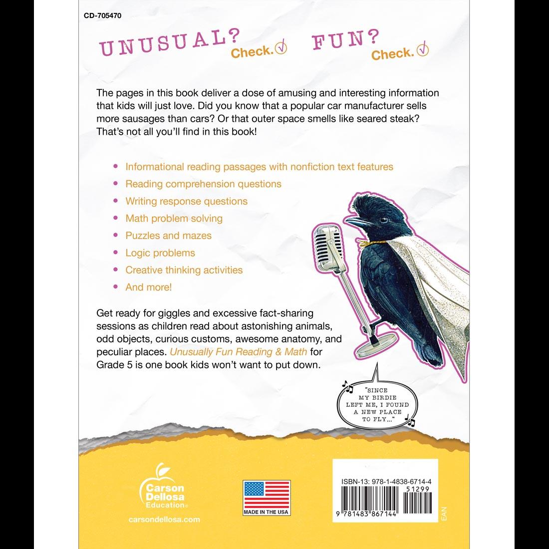 Back cover of Unusually Fun Reading & Math Workbook Grade 5