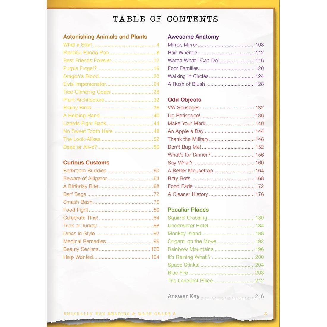 Table of Contents of Unusually Fun Reading & Math Workbook Grade 5