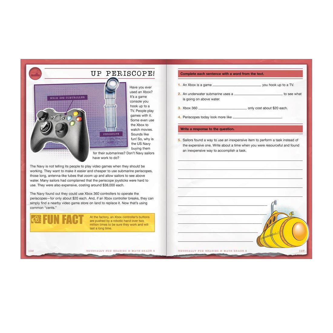 Two sample pages from Unusually Fun Reading & Math Workbook Grade 5