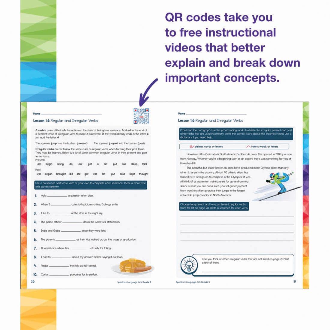pages of Spectrum Language Arts Workbook for Grade 5 with text QR codes take you to free instructional videos that better explain and break down important concepts.