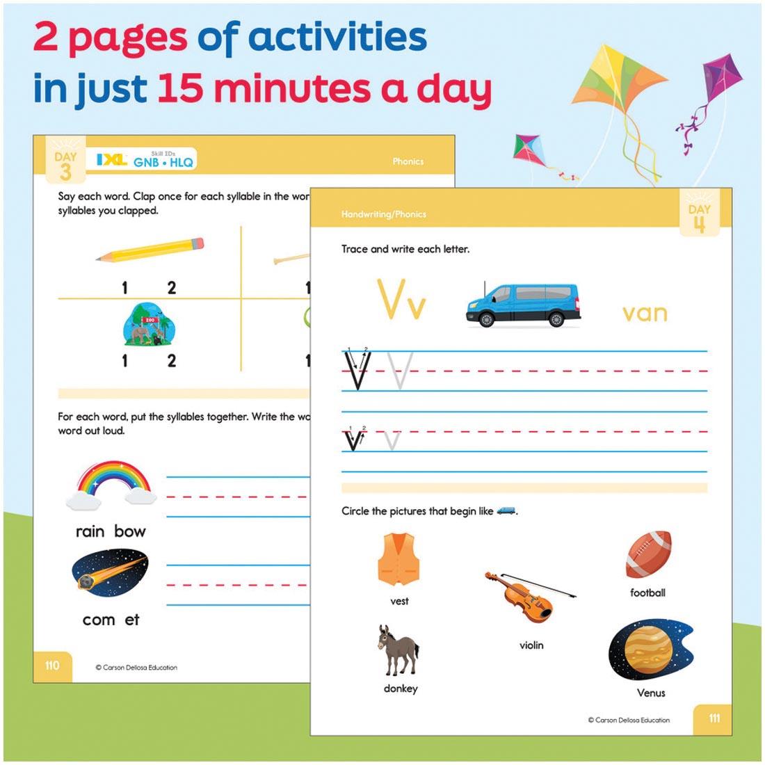 2 pages from Summer Bridge Activities Workbook By Carson Dellosa Grades Pre-K to K with text 2 pages of activities in just 15 minutes a day