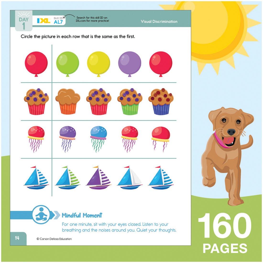 sample page from Summer Bridge Activities Workbook By Carson Dellosa Grades Pre-K to K on a background of a dog under the sun, with text 160 pages