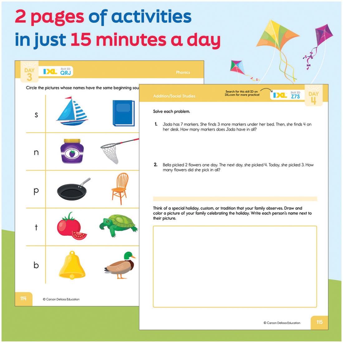 2 pages from Summer Bridge Activities Workbook By Carson Dellosa Grades K-1 with text 2 pages of activities in just 15 minutes a day