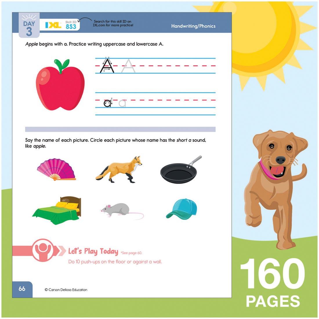 sample page from Summer Bridge Activities Workbook By Carson Dellosa Grades K-1 on a background of a dog under the sun, with text 160 pages