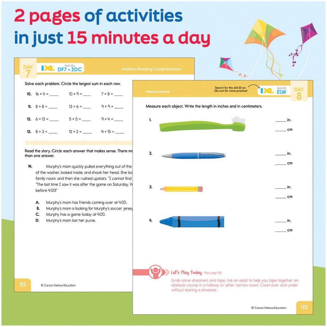 2 pages from Summer Bridge Activities Workbook By Carson Dellosa Grades 1-2 with text 2 pages of activities in just 15 minutes a day