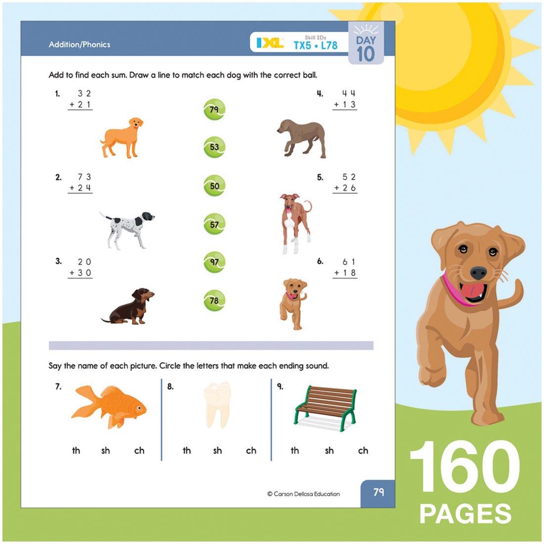 sample page from Summer Bridge Activities Workbook By Carson Dellosa Grades 1-2 on a background of a dog under the sun, with text 160 pages