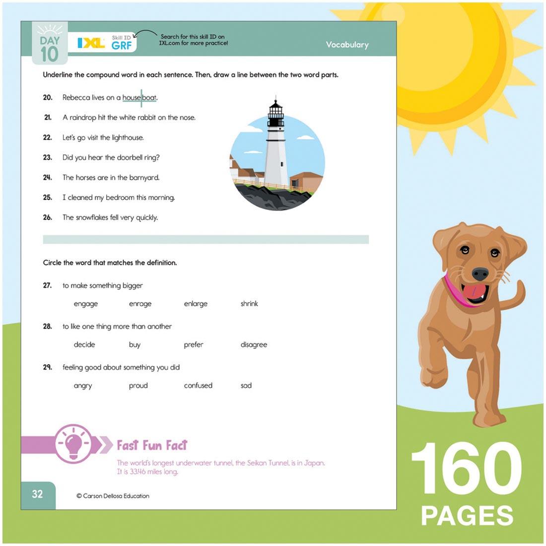 sample page from Summer Bridge Activities Workbook By Carson Dellosa Grades 2-3 on a background of a dog under the sun, with text 160 pages