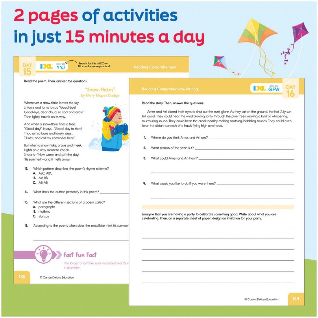 2 pages from Summer Bridge Activities Workbook By Carson Dellosa Grades 3-4 with text 2 pages of activities in just 15 minutes a day