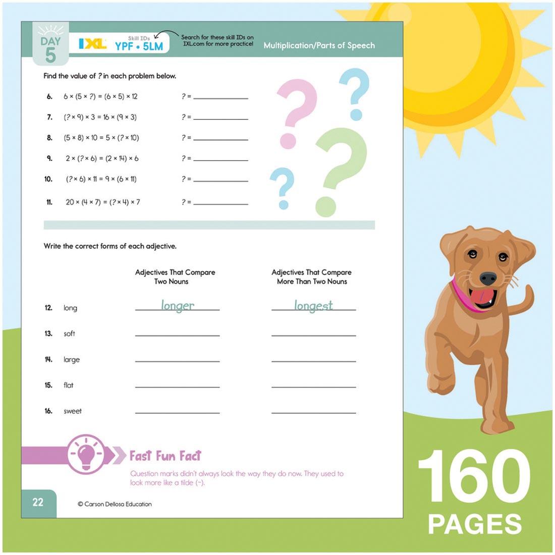 sample page from Summer Bridge Activities Workbook By Carson Dellosa Grades 3-4 on a background of a dog under the sun, with text 160 pages
