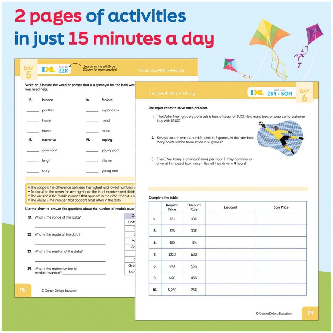 2 pages from Summer Bridge Activities Workbook By Carson Dellosa Grades 5-6 with text 2 pages of activities in just 15 minutes a day