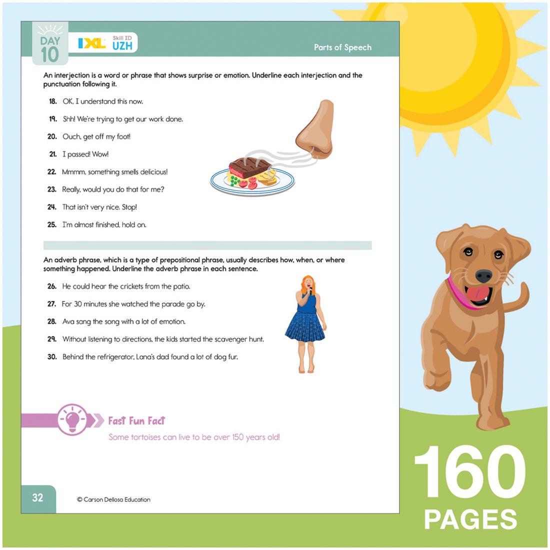 sample page from Summer Bridge Activities Workbook By Carson Dellosa Grades 5-6 on a background of a dog under the sun, with text 160 pages