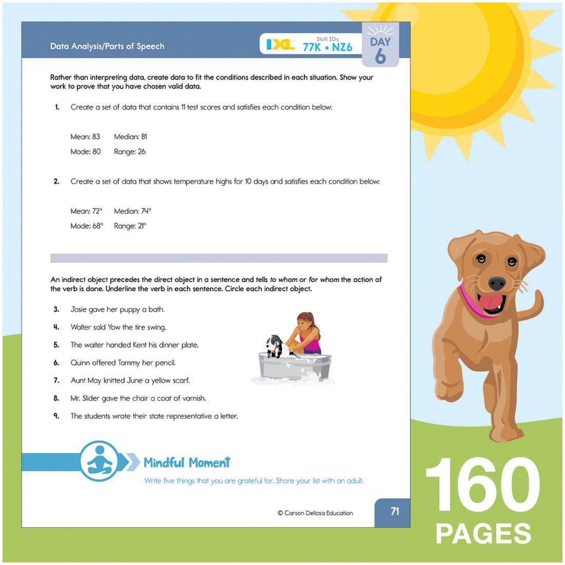 sample page from Summer Bridge Activities Workbook By Carson Dellosa Grades 6-7 on a background of a dog under the sun, with text 160 pages
