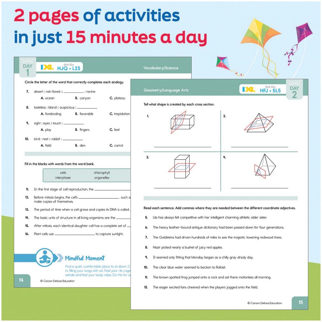2 pages from Summer Bridge Activities Workbook By Carson Dellosa Grades 7-8 with text 2 pages of activities in just 15 minutes a day