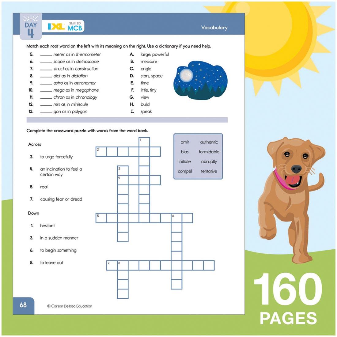 sample page from Summer Bridge Activities Workbook By Carson Dellosa Grades 7-8 on a background of a dog under the sun, with text 160 pages