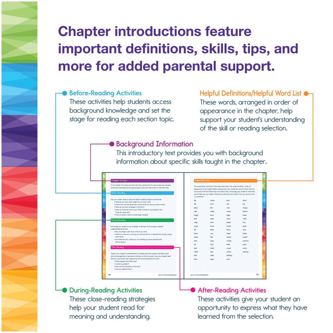 Color-coded components of each chapter from Kindergarten Spectrum Reading Workbook plus text Chapter introductions feature important definitions, skills, tips, and more for added parental support