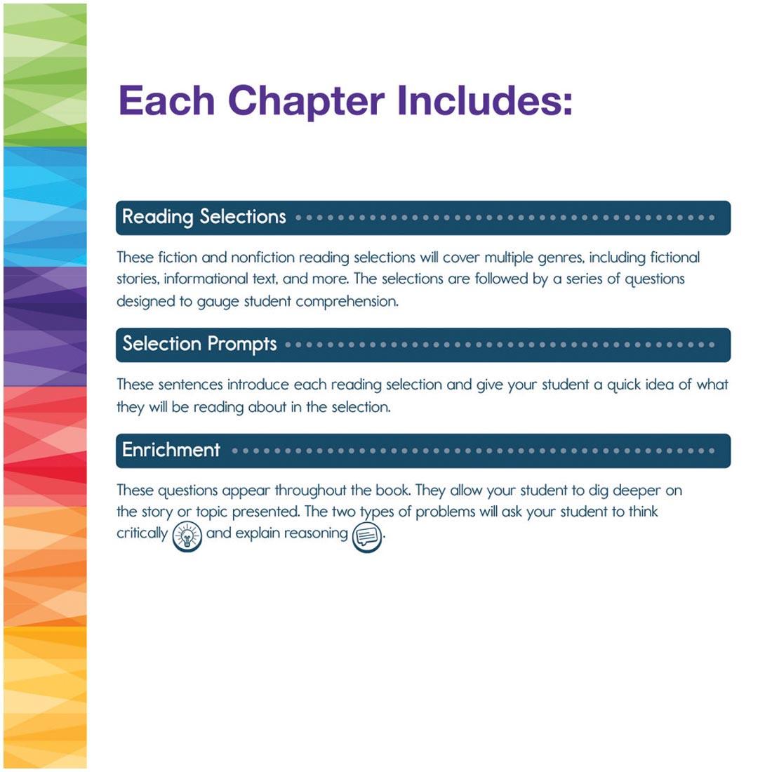 text explaining Kindergarten Spectrum Reading Workbook; Each Chapter Includes: Reading Selections; Selection Prompts; Enrichment