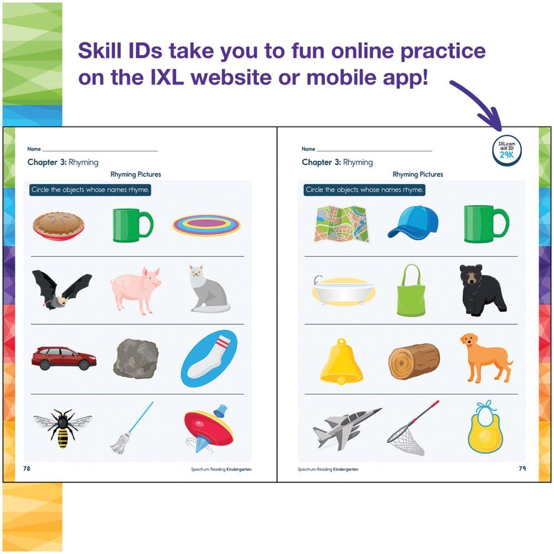 2 pages from Kindergarten Spectrum Reading Workbook plus text Skill IDs take you to fun online practice on the IXL website or mobile app!