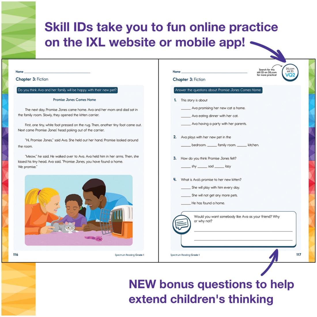 2 pages from Grade 1 Spectrum Reading Workbook plus text Skill IDs take you to fun online practice on the IXL website or mobile app! NEW bonus questions to help extend children's thinking