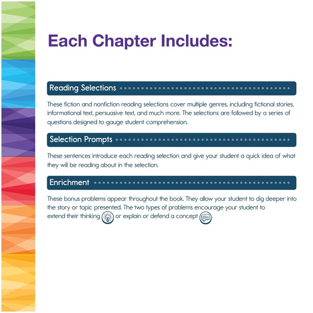 text explaining Grade 2 Spectrum Reading Workbook; Each Chapter Includes: Reading Selections; Selection Prompts; Enrichment