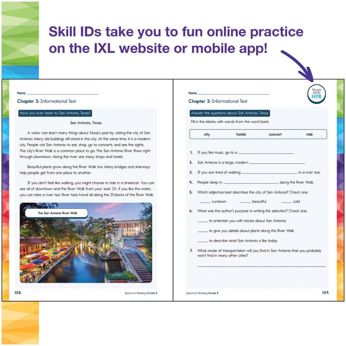2 pages from Grade 2 Spectrum Reading Workbook plus text Skill IDs take you to fun online practice on the IXL website or mobile app!