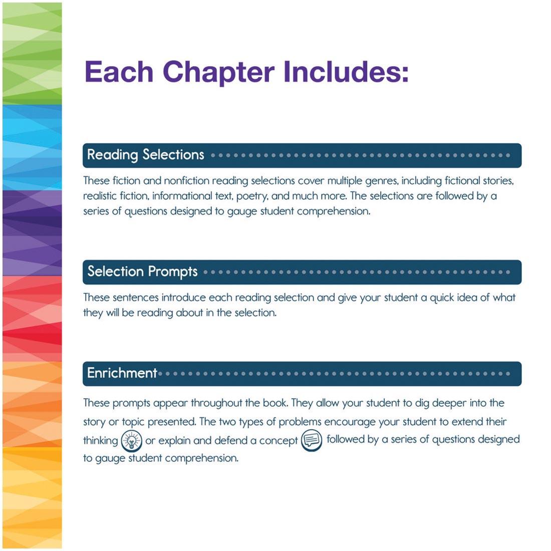 text explaining Grade 3 Spectrum Reading Workbook; Each Chapter Includes: Reading Selections; Selection Prompts; Enrichment