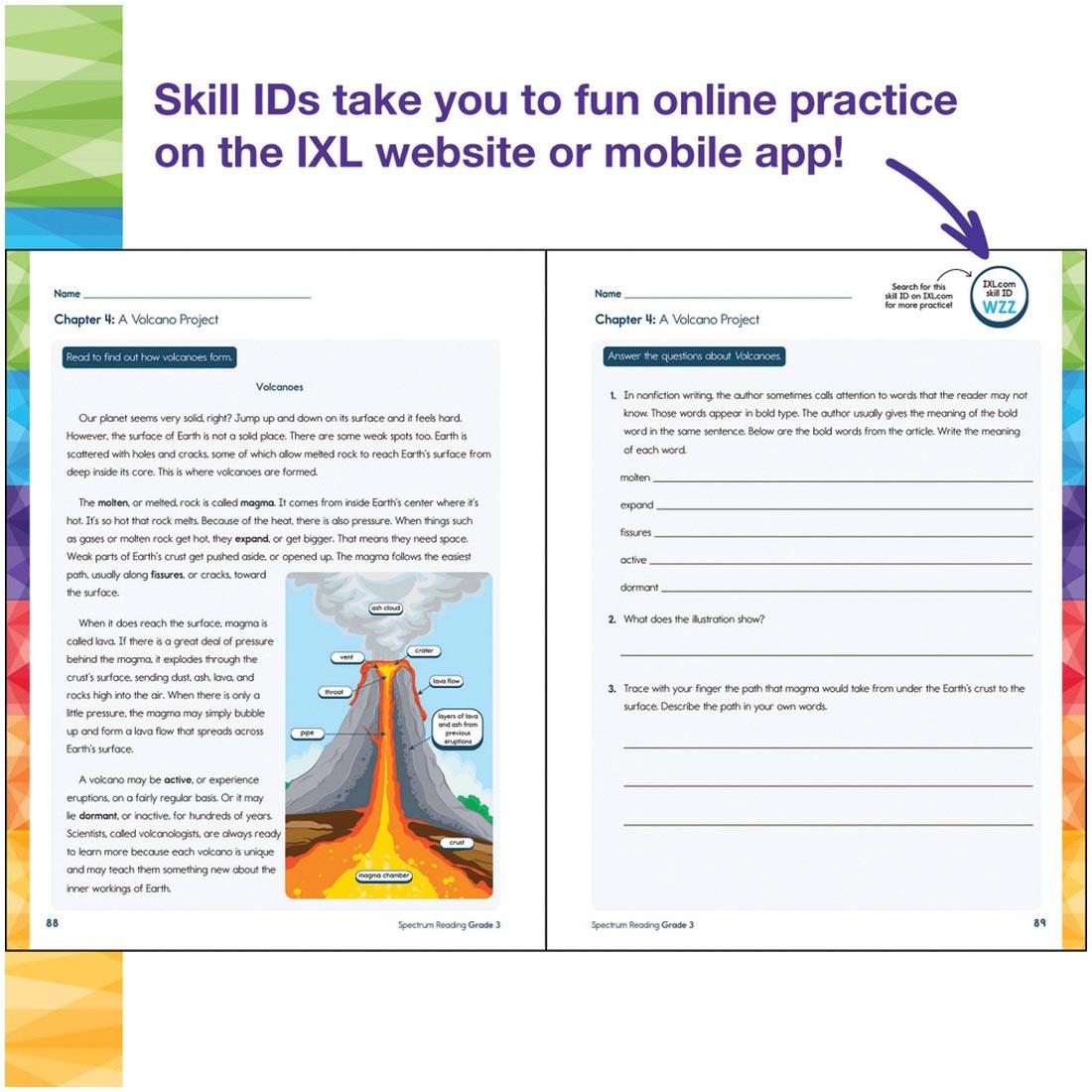 2 pages from Grade 3 Spectrum Reading Workbook plus text Skill IDs take you to fun online practice on the IXL website or mobile app!