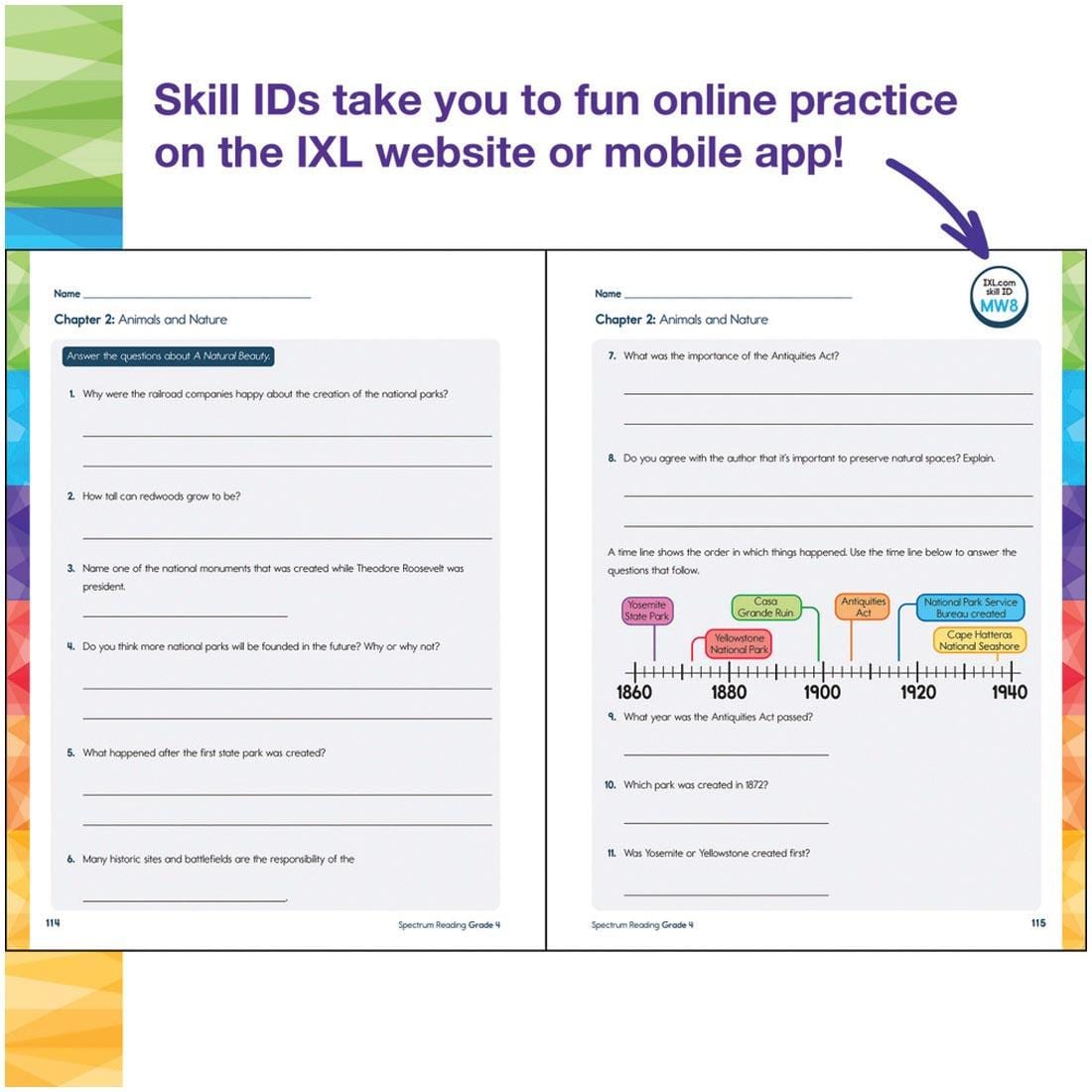 2 pages from Grade 4 Spectrum Reading Workbook plus text Skill IDs take you to fun online practice on the IXL website or mobile app!