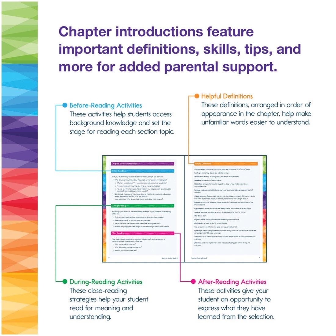 Color-coded components of each chapter from Grade 5 Spectrum Reading Workbook plus text Chapter introductions feature important definitions, skills, tips, and more for added parental support