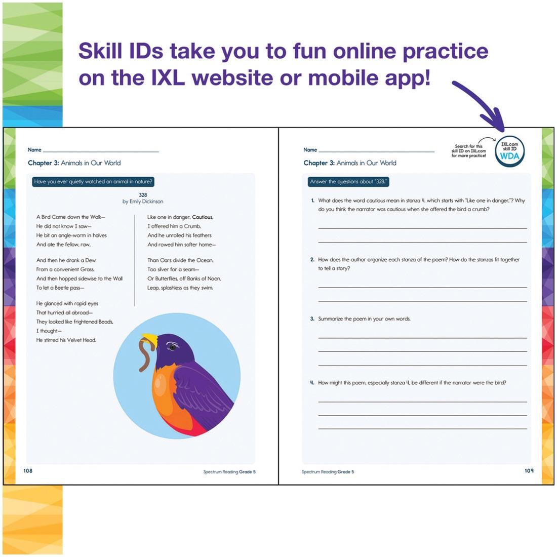 2 pages from Grade 5 Spectrum Reading Workbook plus text Skill IDs take you to fun online practice on the IXL website or mobile app!