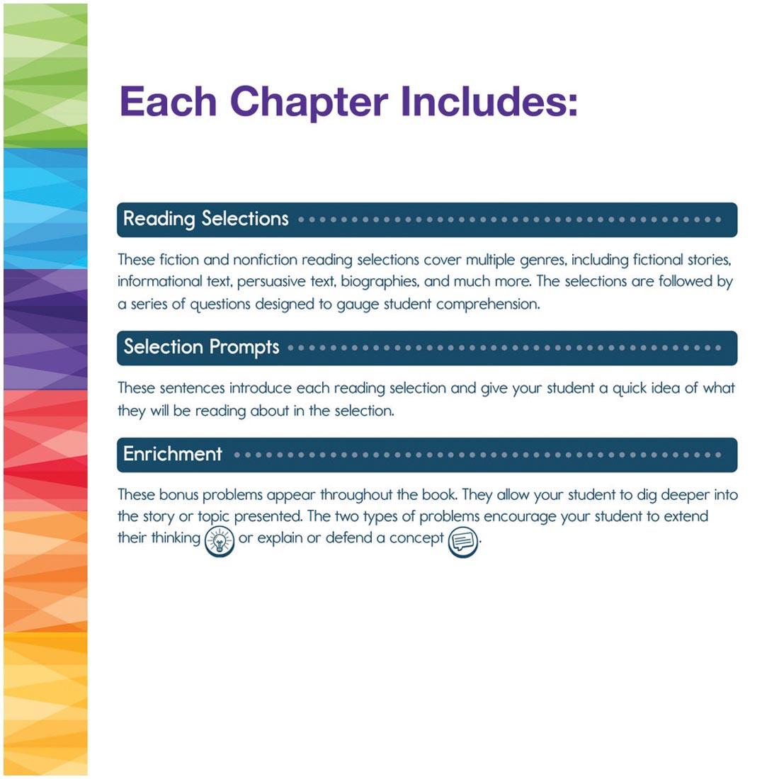 text explaining Grade 6 Spectrum Reading Workbook; Each Chapter Includes: Reading Selections; Selection Prompts; Enrichment