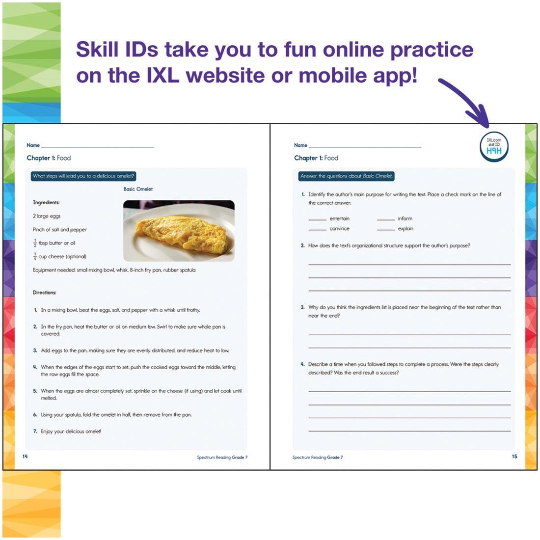 2 pages from Grade 7 Spectrum Reading Workbook plus text Skill IDs take you to fun online practice on the IXL website or mobile app!
