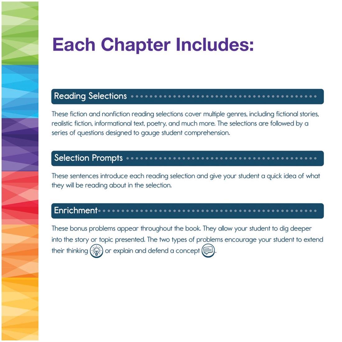 text explaining Grade 8 Spectrum Reading Workbook; Each Chapter Includes: Reading Selections; Selection Prompts; Enrichment