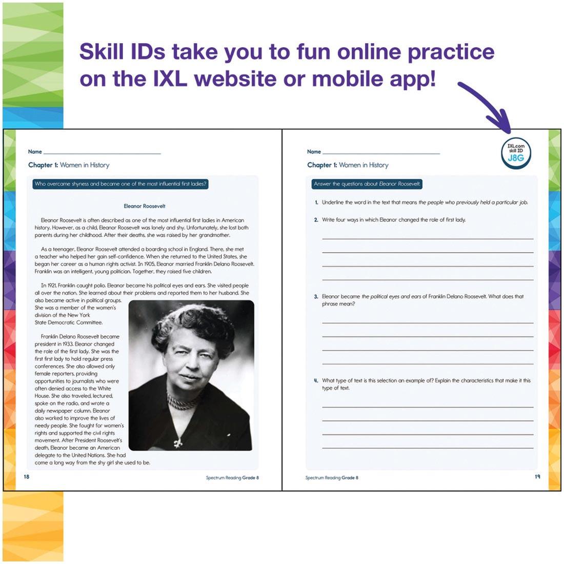2 pages from Grade 8 Spectrum Reading Workbook plus text Skill IDs take you to fun online practice on the IXL website or mobile app!