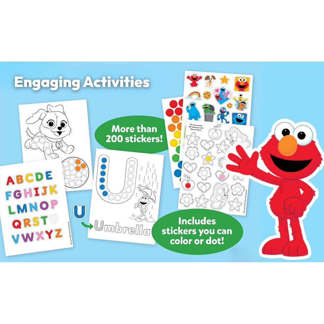 sample pages from Sesame Street Dot Marker Activity Book ABC, with the words: Engaging Activities; More than 200 stickers!; Includes stickers you can color or dot!