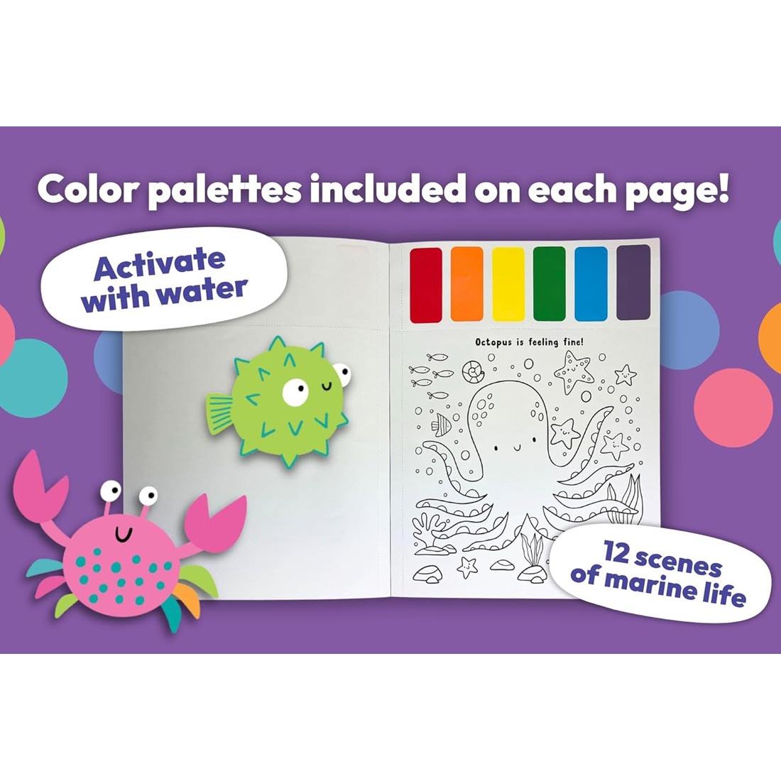 pages from Under The Sea Paint Magic Book plus text Color palettes included on each page! Activate with water; 12 scenes of marine life