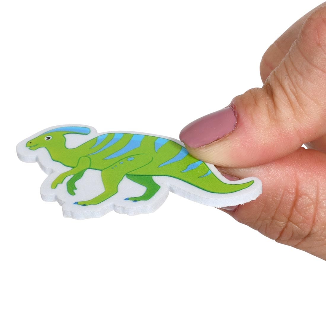 fingers holding a Ready 2 Learn Dinosaur Foam Sticker