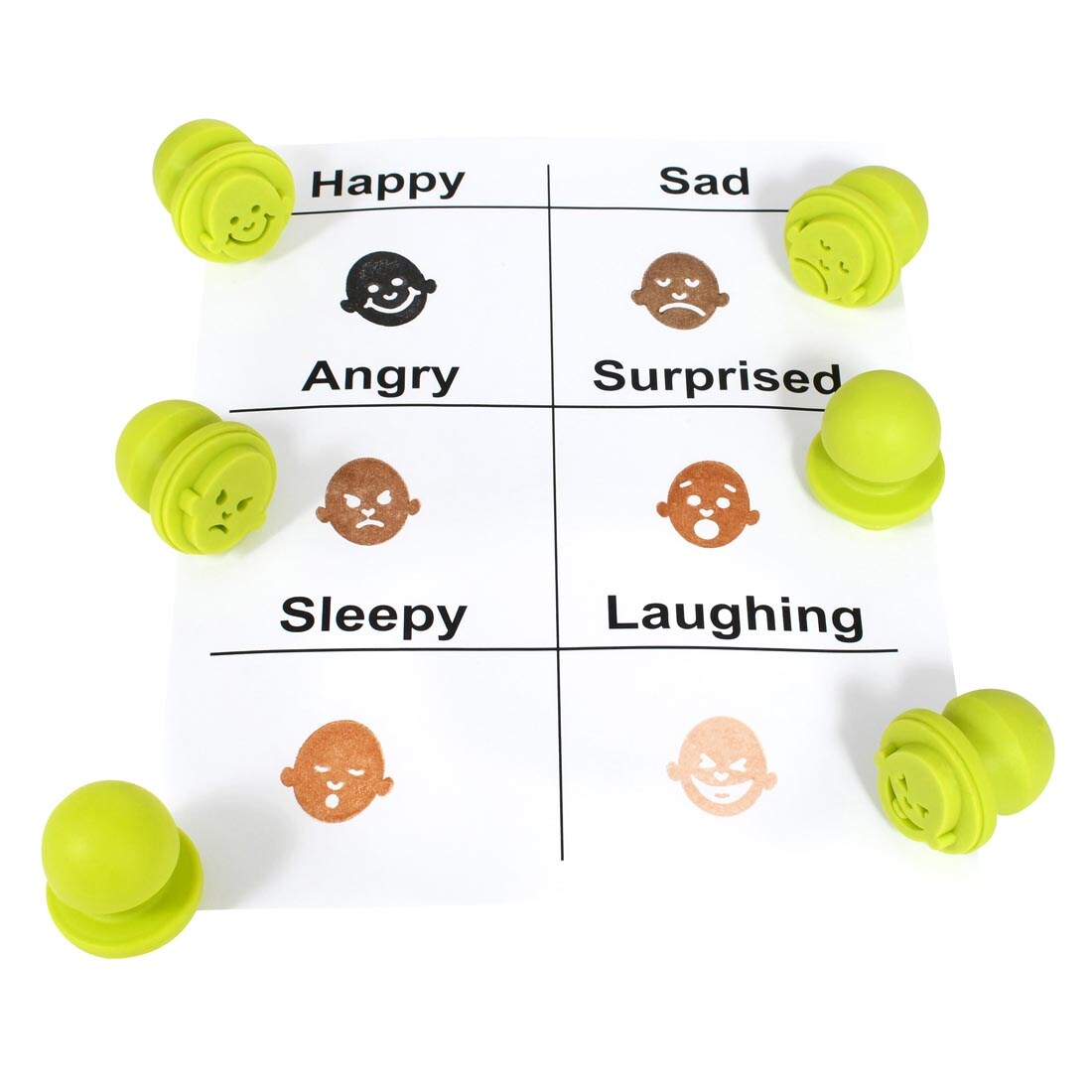 Ready 2 Learn Emotions Easy Grip Stamper faces stamped with their labels of Happy, Sad, Angry, Surprised, Sleepy, Laughing