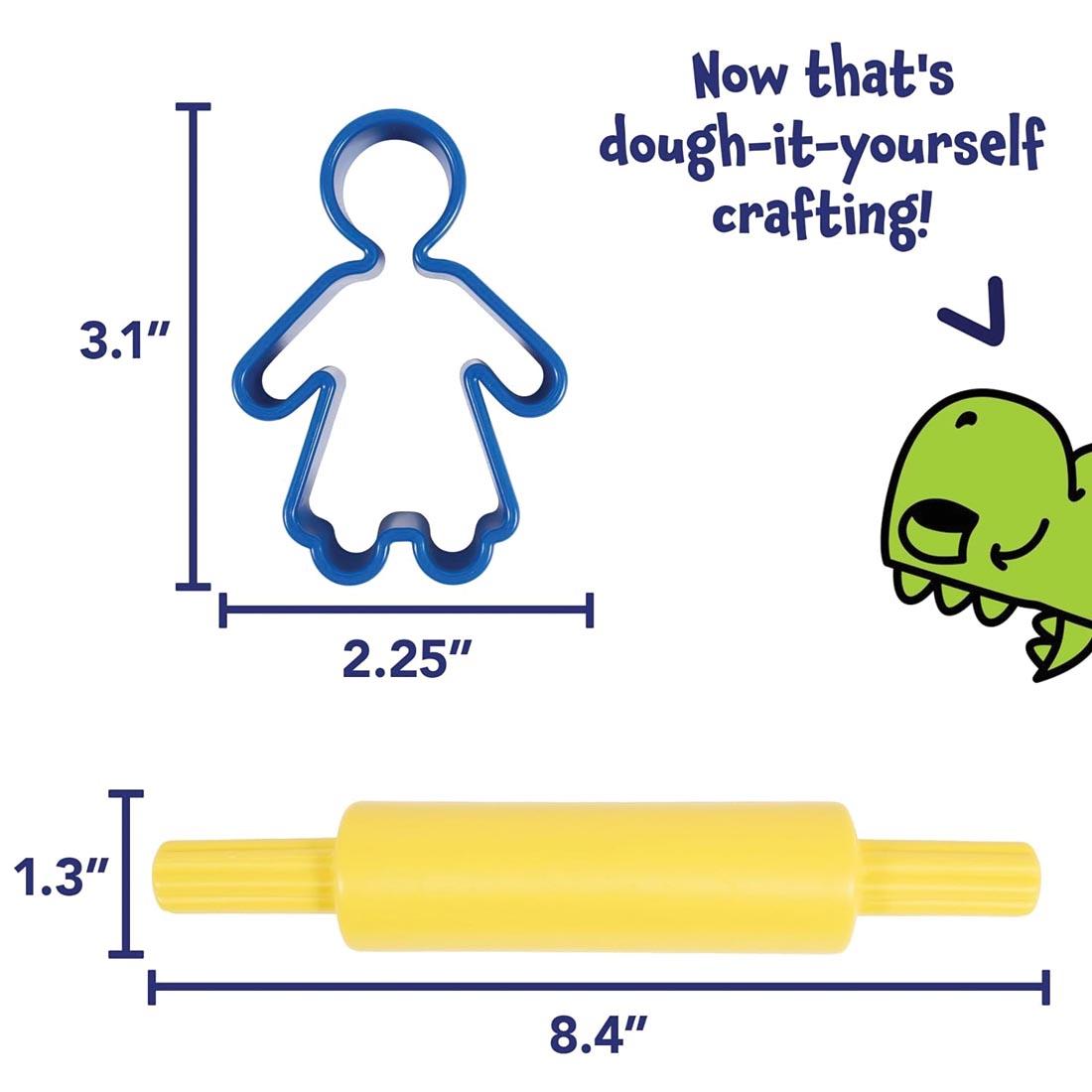 person-shaped Dough Cutter labeled with measurements 3.1" x 2.25"; Dough Roller with measurements 1.3" x 8.4" plus cartoon-drawn dinosaur head and text Now that's dough-it-yourself crafting!