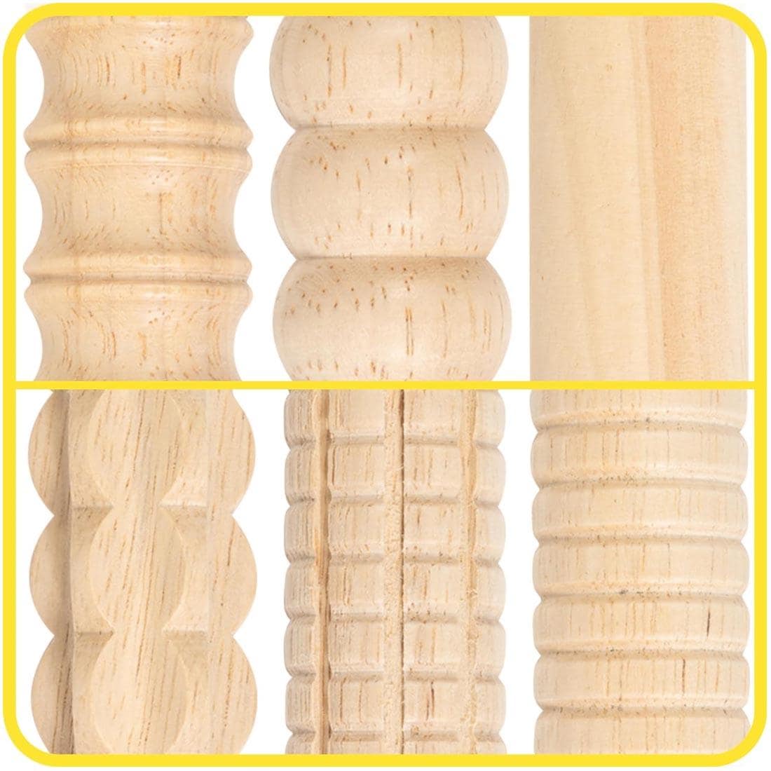closeups of the 6 textures from the Ready 2 Learn Mini Textured Wooden Rolling Pins