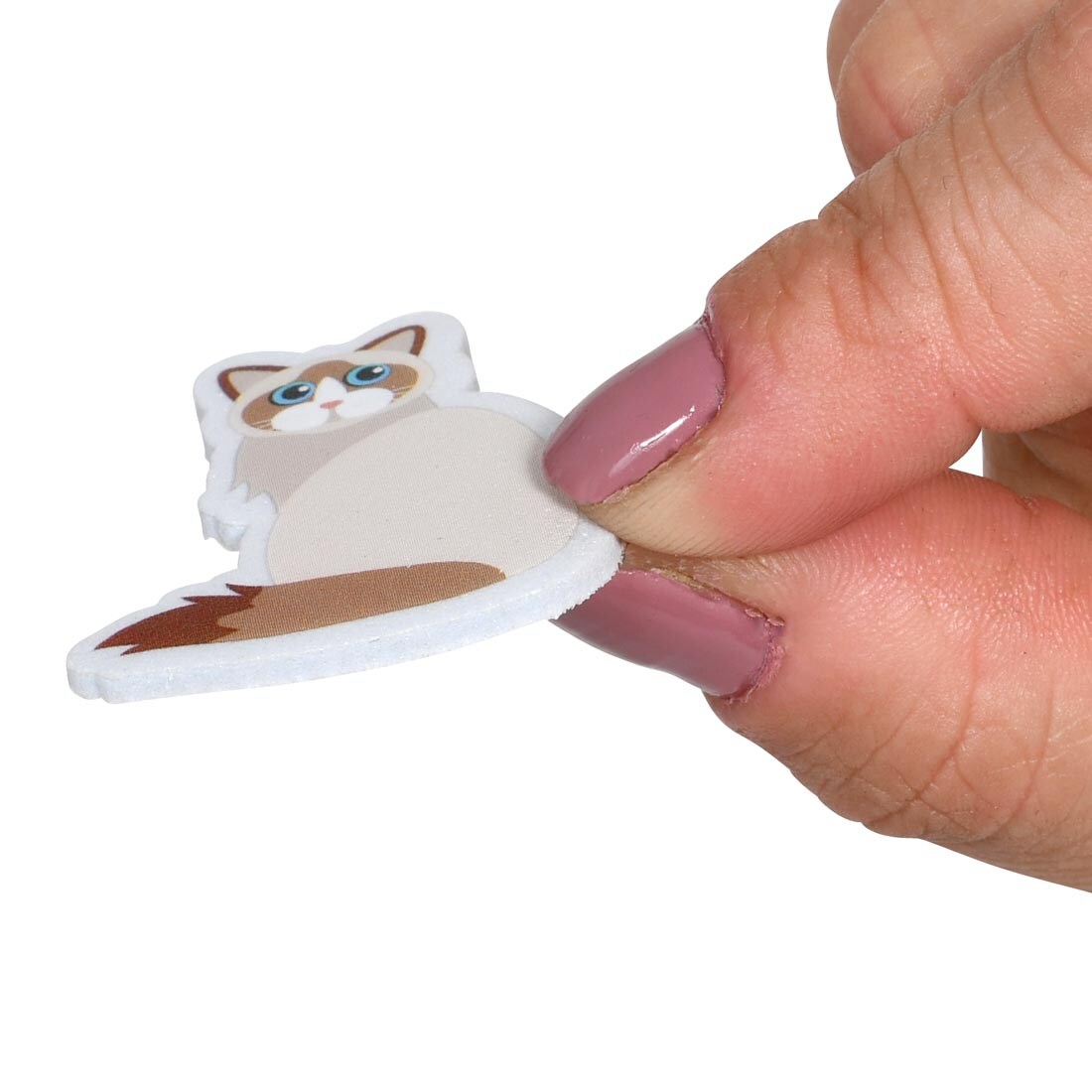 fingers holding a Ready 2 Learn Cat Foam Sticker